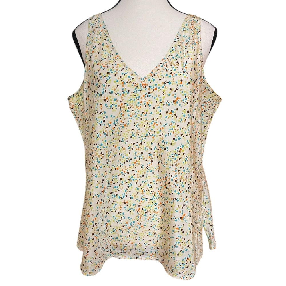 Tommy Bahama Silk Cotton Cream Multi-Color Vneck Poka Dot Side Slit Tank Top XL‎